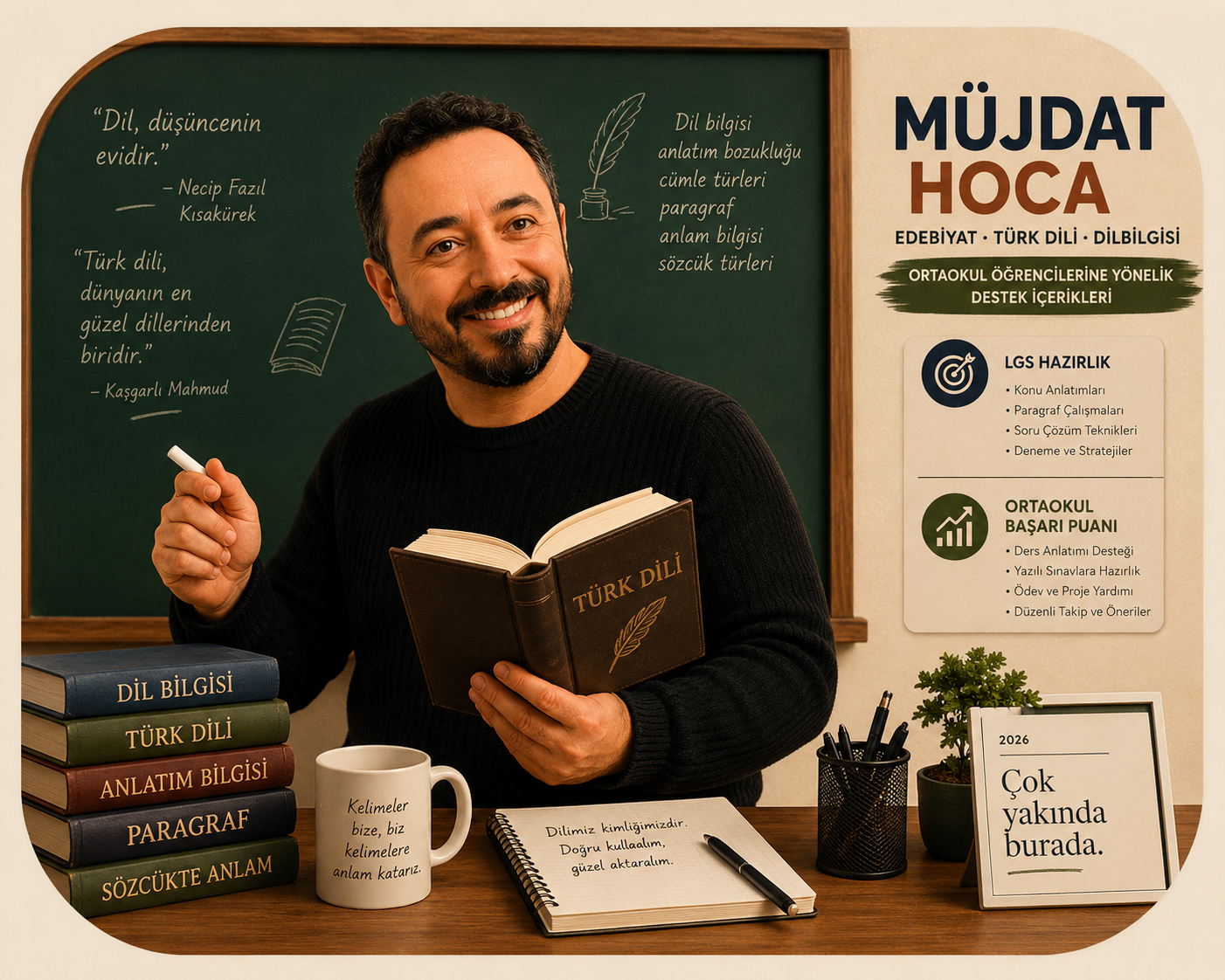 Müjdat Hoca, kara tahta önünde elinde Türk Dili kitabıyla
